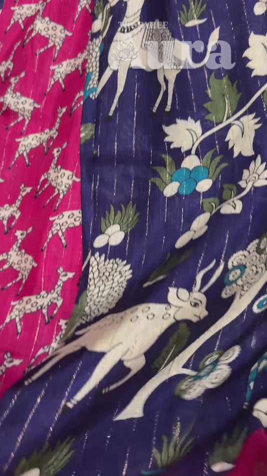 Kalamkari Silk Saree (Royal blue & Rani Pink Zari)