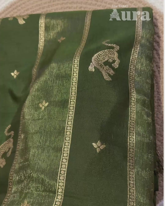 Deep Olive Green Saree with Tiger Motifs