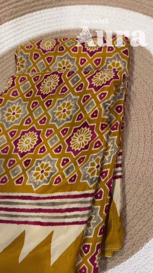 Ajrakh Modal silk saree (Mustard Yellow & grey)
