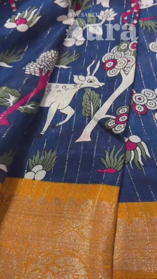 Kalamkari Silk Saree (Royal blue & Mustard Yellow)