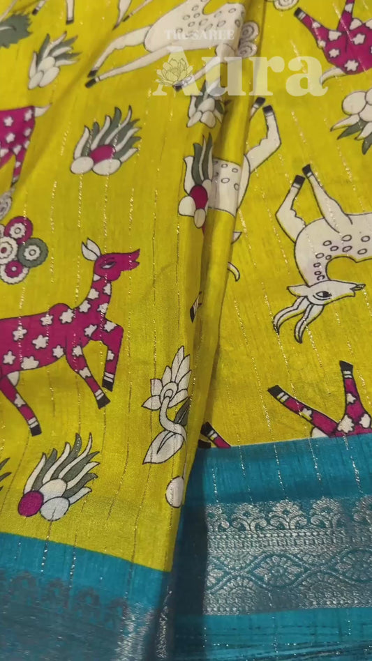 Kalamkari Silk saree (Yellow and Blue)