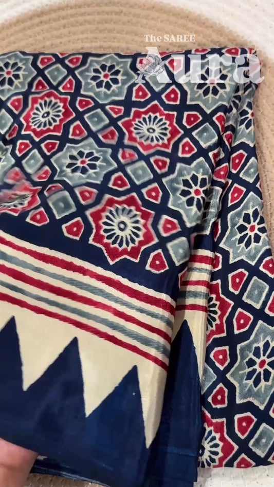 Ajrakh Modal silk saree (Navy blue & grey)